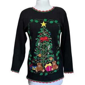 Milano Christmas Tree Sweater Beaded Bling Bears Holiday Women S Vtg Hong Kong